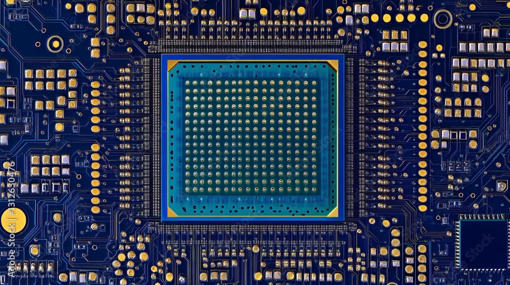 Poster high resolution detailed close up modern blue gold circuit board technology microchip processor elec