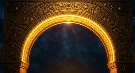 Majestic gold arch with intricate detailing, illuminated by elegant light effects, creating a warm and captivating glow
