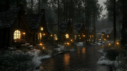 Fototapeta premium Snowy Village nestled in a Dark Forest at Night