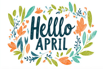Obraz premium Spring-themed Hello April card with decorative flowers and hand-drawn lettering. Perfect for seasonal greetings, posters, and invitation designs