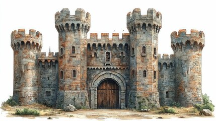 Majestic stone castle, imposing gate, medieval design.