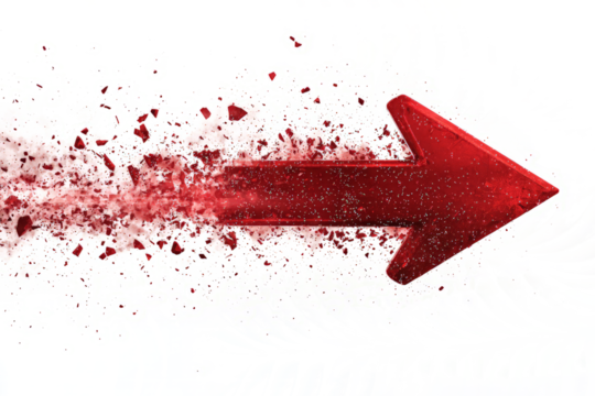 Dynamic red arrows dissolving into particles - Powered by Adobe