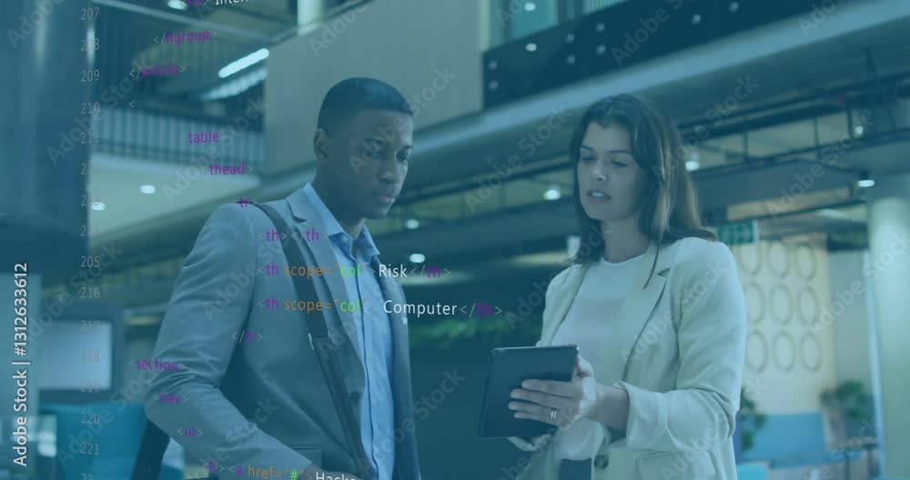 Poster discussing over tablet, business professionals with coding animation overlay in office