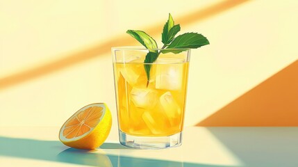 Fototapeta premium Refreshing Citrus Drink with Ice and Mint Garnish in Glass on Bright Surface
