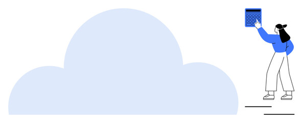 Woman in casual attire interacting with a blue cloud by holding a calculator. Ideal for technology, data storage, cloud computing, organization, workflow, innovation, and digital transformation