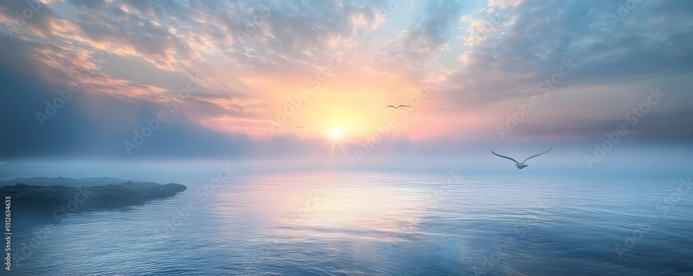 Poster a misty morning view of a calm ocean with the first light of dawn breaking through the clouds