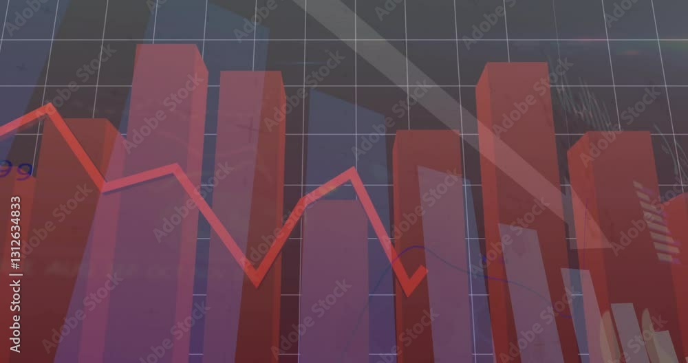 Poster red bar graph and line chart showing downward trend on grid background animation