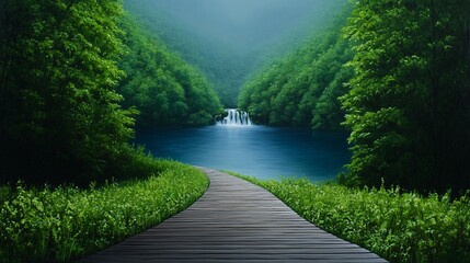 Fototapeta premium A wooden path leads towards a waterfall in a tranquil landscape