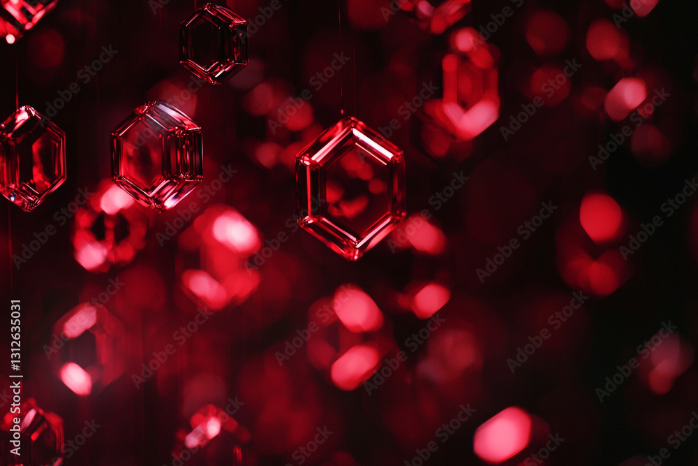 Poster bright red hexagonal shapes suspended against a dark background create an elegant atmosphere