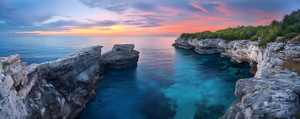 A picturesque ocean view from the top of a rocky cliff at sunrise