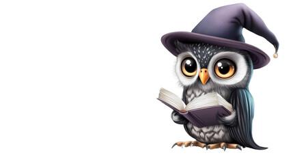 Naklejka premium Cute owl wearing wizard hat reading a magic book on transparent background
