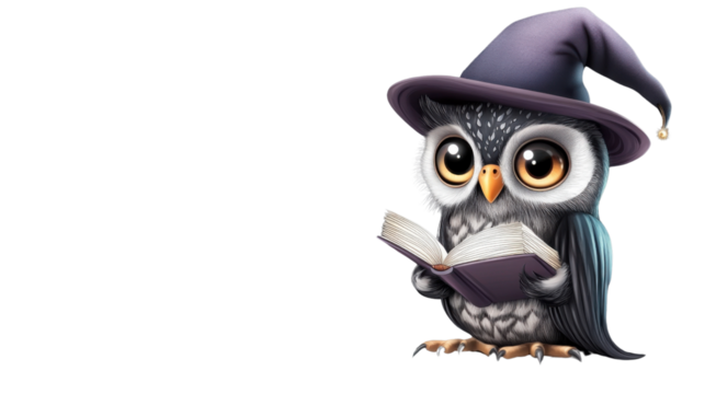 Cute owl wearing wizard hat reading a magic book on transparent background