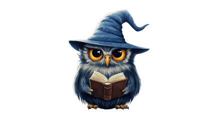 Naklejka premium Blue owl wearing wizard hat reading a magic book on transparent background
