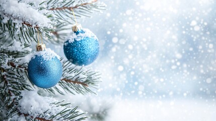 Fototapeta premium Blue baubles on snowy xmas tree branch
