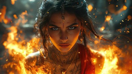 Naklejka premium Fiery woman, intense gaze, ornate jewelry, powerful presence