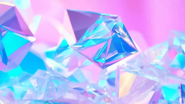 Abstract holographic crystal shapes in motion on iridiscent violet background