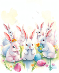 Naklejka premium Group of colorful bunnies celebrating spring with flowers and eggs in a bright, cheerful garden setting