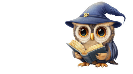 Obraz premium Cute wizard owl reading a magic book on transparent background