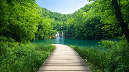 Obraz premium A wooden pathway leads to a waterfall surrounded by lush green trees