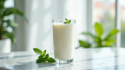 A glass filled with frothy milk on a table near a window with daylight streaming through.