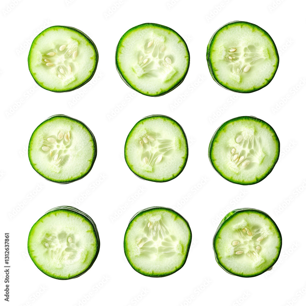 Poster fresh cucumber slices arranged neatly on a transparent background, highlighting their vibrant green 