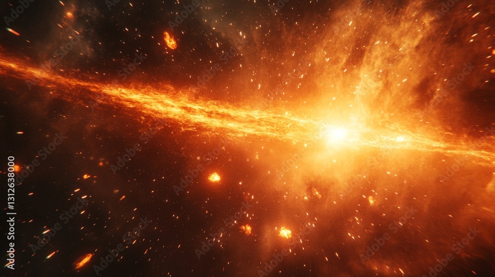 Poster fiery meteor traveling through space with explosive trail of flames background , 8k resolution