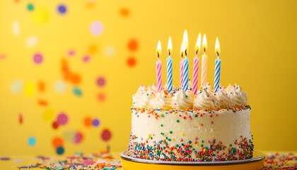 Tasty Birthday cake with burning candles and confetti on yellow table, space for text
