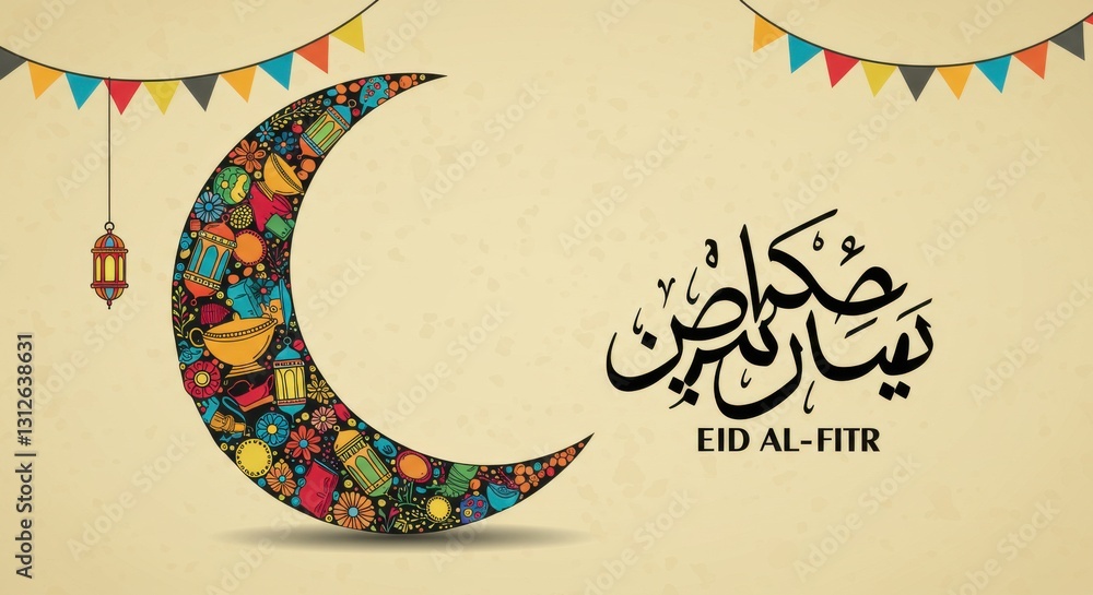 Poster a design for eid a large colorful crescent moon decorated with various patterns and symbols includin