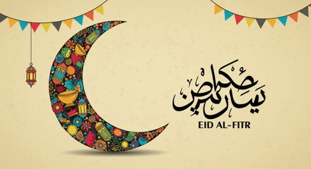 A design for Eid a large colorful crescent moon decorated with various patterns and symbols including lanterns and flowers there is elegant Arabic calligraphy written in black reads Eid Al-Fitr