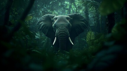 Elephant in a Dark Lush Jungle