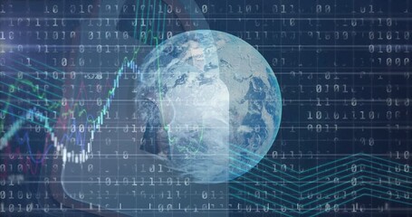 Animation of Earth with financial graphs and binary code for global data analysis - Powered by Adobe