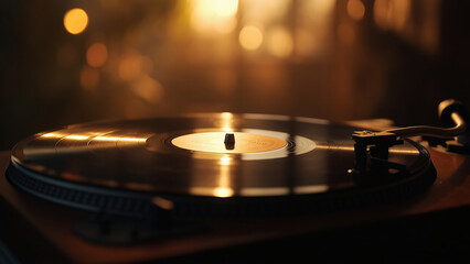 A vintage vinyl record spins on a classic turntable, illuminated by warm, golden ambient lighting in a cozy setting.
