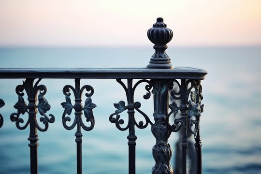 Ornate metal railing overlooking a calm sea at sunset, detailed craftsmanship.