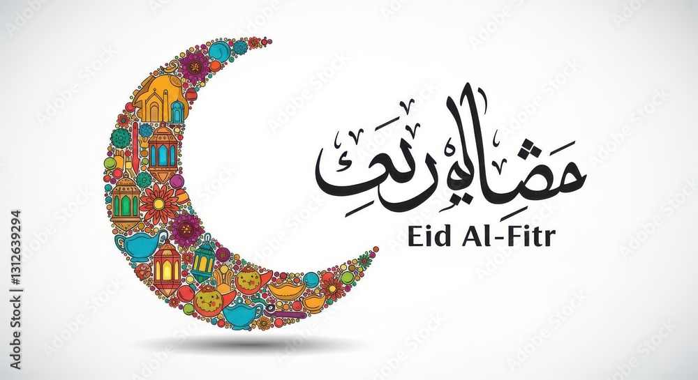 Poster a design for eid a large colorful crescent moon decorated with various patterns and symbols includin