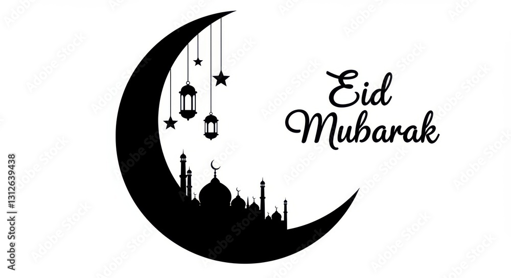 Poster a large silhouette crescent moon within the crescent moon a silhouette of a mosque with multiple dom