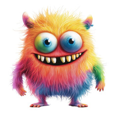 Fototapeta premium Colorful furry monster character with big eyes and a cheerful expression standing out against a transparent background, Colorful Furry Monster Cartoon Character on transparent background