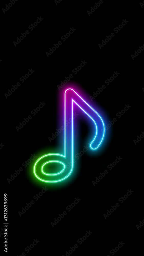 Poster vibrant neon musical notes pulsing with multicolored glow in dynamic rhythm