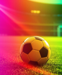 Naklejka premium Vibrant soccer ball rests on the lush field as sunlight transforms the atmosphere into a colorful spectacle