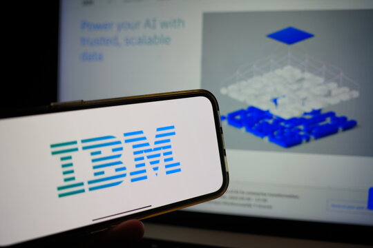 Roosendaal, The Netherlands - March 6, 2025: A mobile phone displaying the logo of IBM, with the company website in the background.