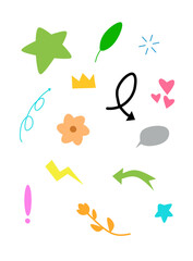 collection of fun and colorful doodle elements, including arrows, stars, hearts, and abstract shapes. Perfect for decoration, social media, and creative design projects.