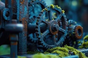 Rusty gears overgrown with moss, a testament to time and forgotten machinery.