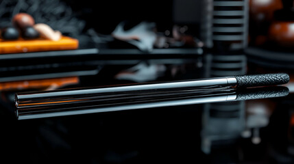 A sleek and reflective object with a textured handle is featured