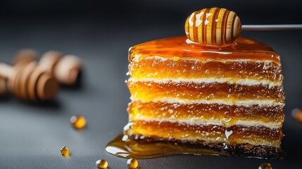 Close-up of a slice of cake with a honey dipper on top. the cake appears to be a layered dessert with layers of white and yellow frosting.