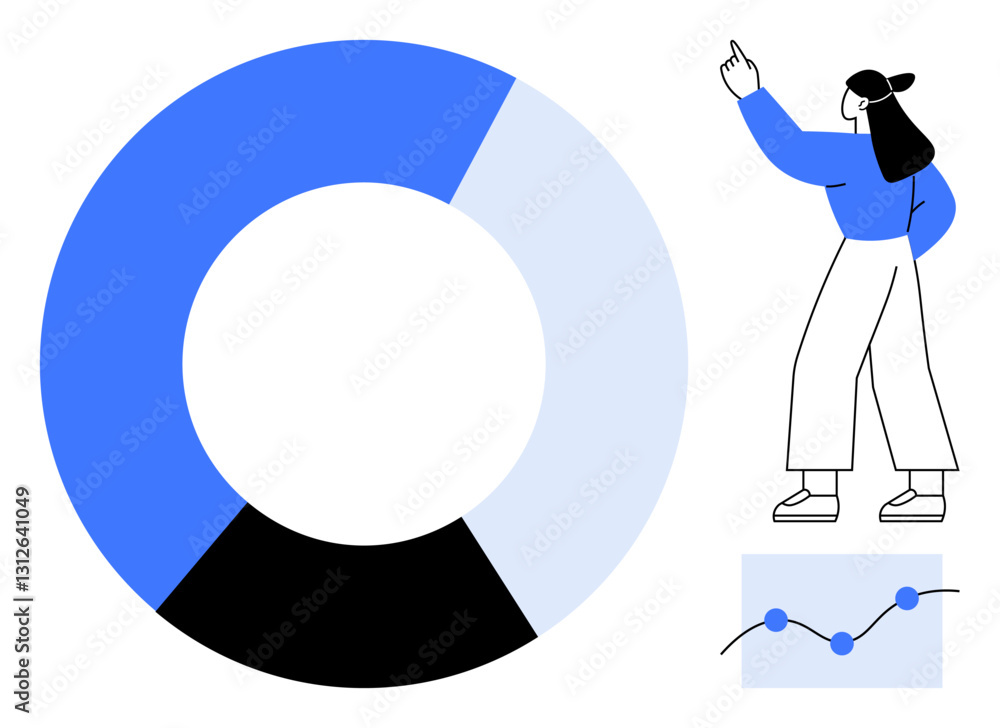Poster woman pointing at data insights with a blue pie chart and line graph. ideal for data analysis, stati