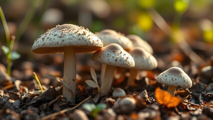 A serene cluster of wild mushrooms growing in the forest, showcasing the beauty of nature and the intricate details of fungi.   