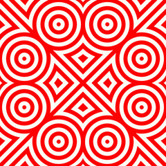 Fototapeta premium Seamless pattern. Symmetric geometric ornament. Circles, kites, diamonds abstract background. Abstract repeated spheres, checks, arrowheads wallpaper. Vector illustration