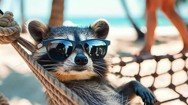 Cute raccoon in sunglasses lies relaxed in a hammock on the beach against the backdrop of the ocean sea on a sunny day, summer holiday concept, travel advertising
