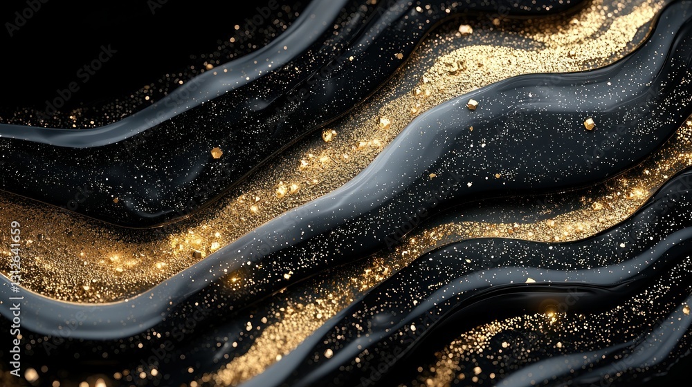 Canvas Prints shiny, flowing black with gold glitter, abstract texture background in horizontal format