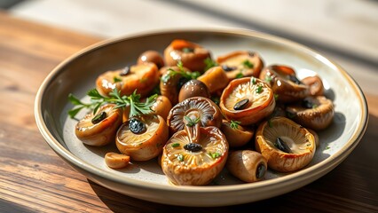 A plate of saut&eacute;ed mushrooms garnished with herbs, showcasing a healthy and gourmet dish on a wooden table in natural light.  