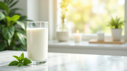 A glass of fresh A2 milk on a kitchen counter with sunlight streaming through the window.